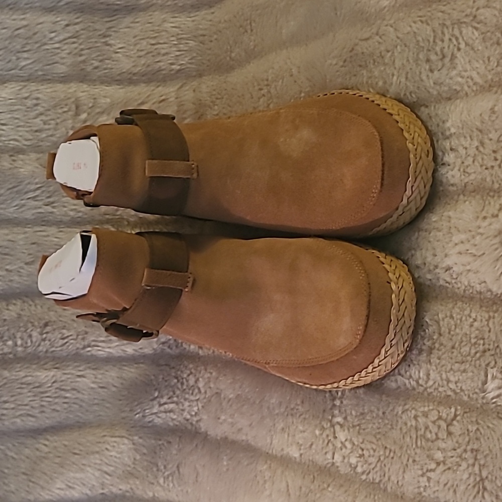 UGG Tan Suede Ankle Boots with Buckle Strap Detail Tan & Dark Brown.